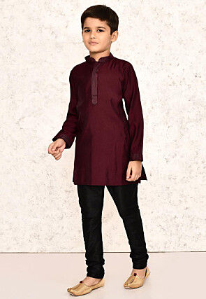 Embroidered Collar Lycra Kurta Set in Maroon