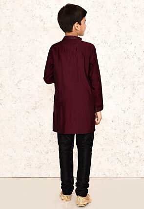 Embroidered Collar Lycra Kurta Set in Maroon