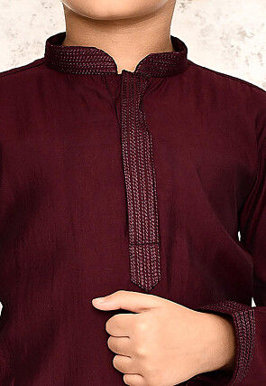 Embroidered Collar Lycra Kurta Set in Maroon