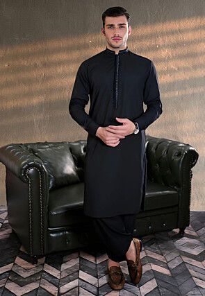 Embroidered Collar Pure Cotton Kurta Set in Black