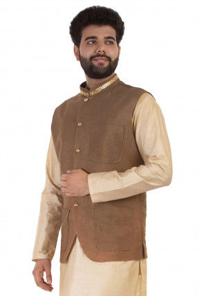 Embroidered Collar Raw Silk Nehru Jacket in Brown