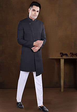 Embroidered Collar Terry Rayon Asymmetric Sherwani in Black
