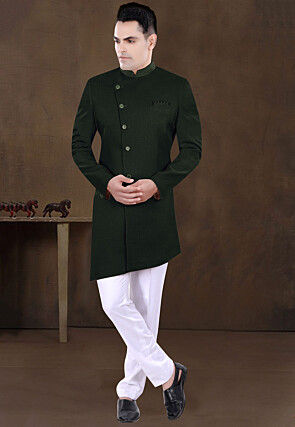 Embroidered Collar Terry Rayon Asymmetric Sherwani in Dark Green