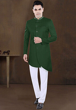 Embroidered Collar Terry Rayon Asymmetric Sherwani in Dark Green
