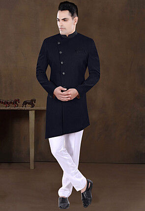 Embroidered Collar Terry Rayon Asymmetric Sherwani in Navy Blue