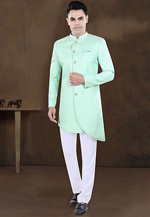 Embroidered Collar Terry Rayon Asymmetric Sherwani in Sea Green