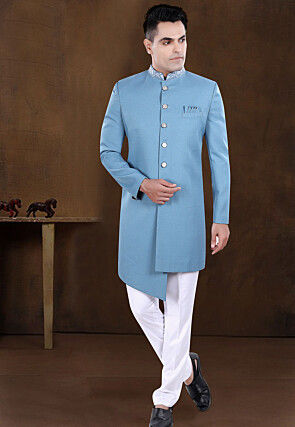 Embroidered Collar Terry Rayon Asymmetric Sherwani in Sky Blue