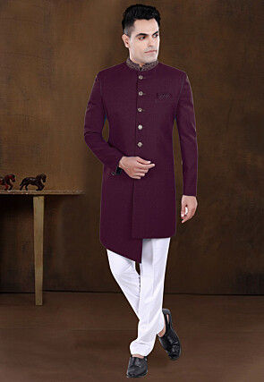 Embroidered Collar Terry Rayon Asymmetric Sherwani in Wine