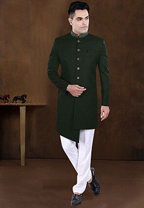 Embroidered Collar Terry Rayon Sherwani in Dark Green