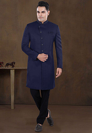 Embroidered Collar Terry Rayon Sherwani in Navy Blue
