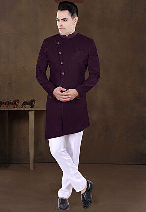Embroidered Collar Terry Rayon Sherwani in Wine