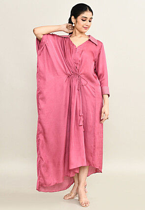 Embroidered Collar Viscose Silk Clinched Waist Dress in Pink