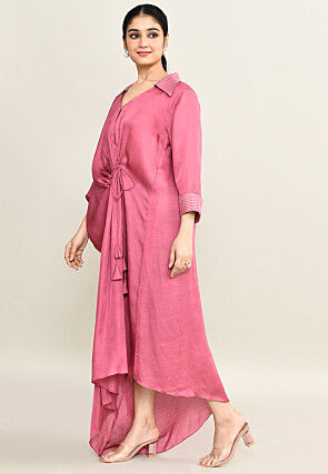 Embroidered Collar Viscose Silk Clinched Waist Dress in Pink