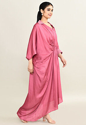 Embroidered Collar Viscose Silk Clinched Waist Dress in Pink