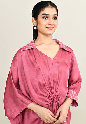 Embroidered Collar Viscose Silk Clinched Waist Dress in Pink