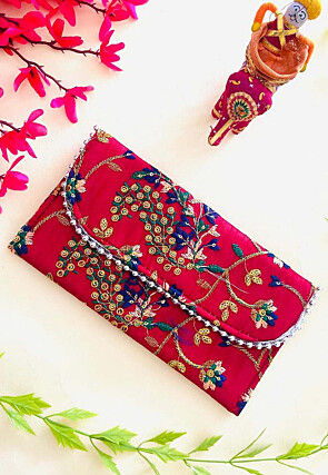 Embroidered Combo Art Silk Envelope Bag in Fuchsia