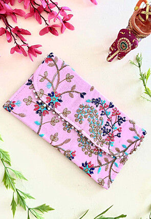 Embroidered Combo Art Silk Envelope Bag in Pink