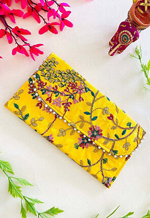 Embroidered Combo Art Silk Envelope Bag in Yellow