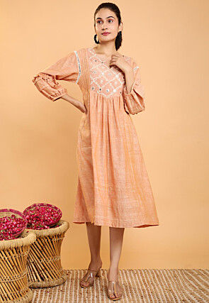 Embroidered Cotton A Line Dress in Pastel Orange