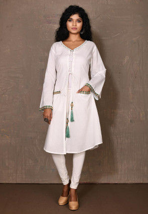 Embroidered Cotton A Line Jacket in White