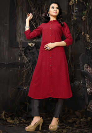 Embroidered Cotton A Line Kurta in Maroon