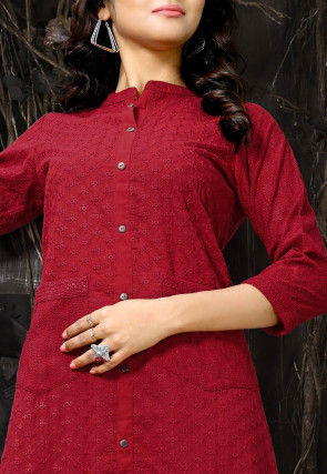 Embroidered Cotton A Line Kurta in Maroon