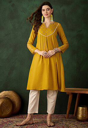 Embroidered Cotton A Line kurta in Yellow