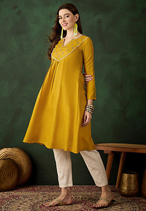 Embroidered Cotton A Line kurta in Yellow