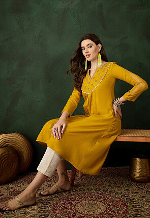 Embroidered Cotton A Line kurta in Yellow