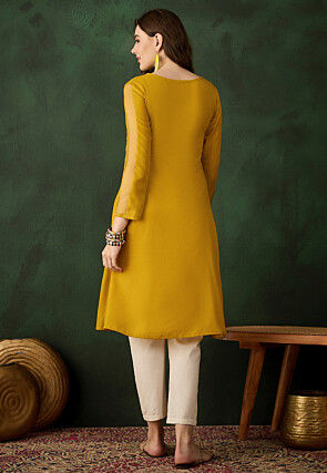 Embroidered Cotton A Line kurta in Yellow