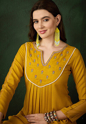 Embroidered Cotton A Line kurta in Yellow