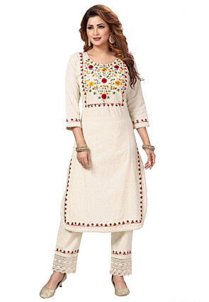 Embroidered Cotton A Line Kurta Set in Beige