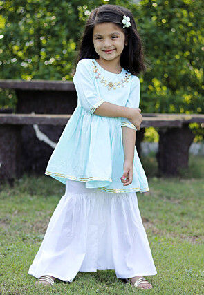 Embroidered Cotton A Line Kurta Set in Light Blue