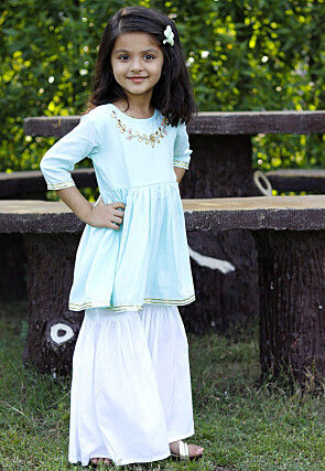 Embroidered Cotton A Line Kurta Set in Light Blue