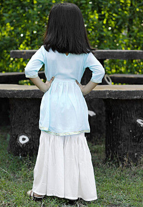 Embroidered Cotton A Line Kurta Set in Light Blue