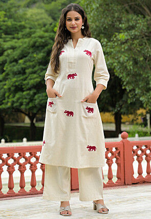 Embroidered Cotton A Line Kurta Set in Off White