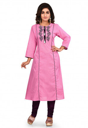 Embroidered Cotton A Line Kurta Set in Pink