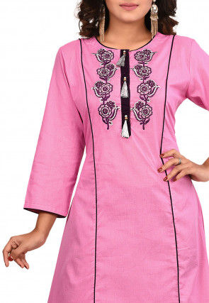 Embroidered Cotton A Line Kurta Set in Pink