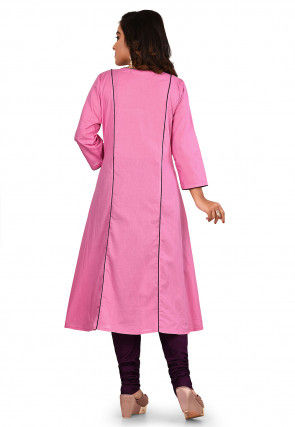 Embroidered Cotton A Line Kurta Set in Pink