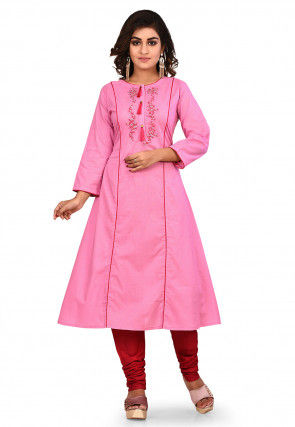 Embroidered Cotton A Line Kurta Set in Pink