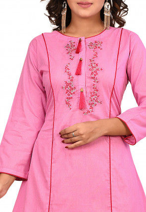 Embroidered Cotton A Line Kurta Set in Pink