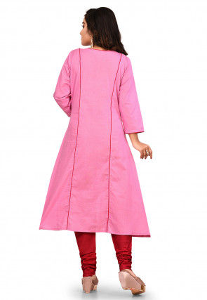 Embroidered Cotton A Line Kurta Set in Pink