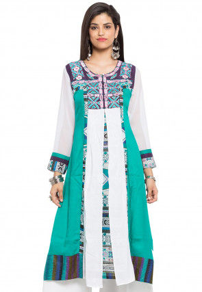 Embroidered Cotton A Line Kurta in Teal Green