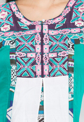 Embroidered Cotton A Line Kurta in Teal Green