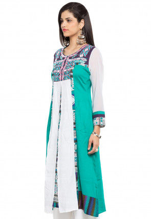 Embroidered Cotton A Line Kurta in Teal Green