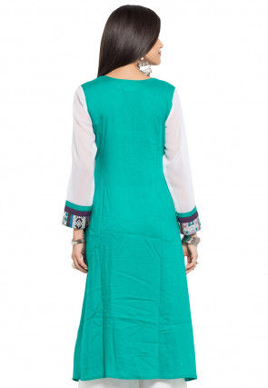 Embroidered Cotton A Line Kurta in Teal Green