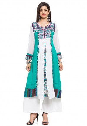 Embroidered Cotton A Line Kurta in Teal Green