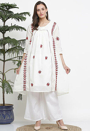 Embroidered Cotton A Line Kurta Set in White