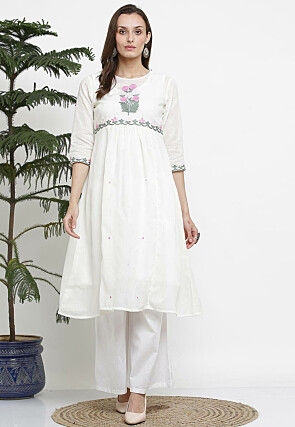 Embroidered Cotton A Line Kurta Set in White