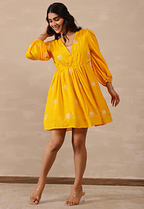 Embroidered Cotton A Line Dress in Mustard